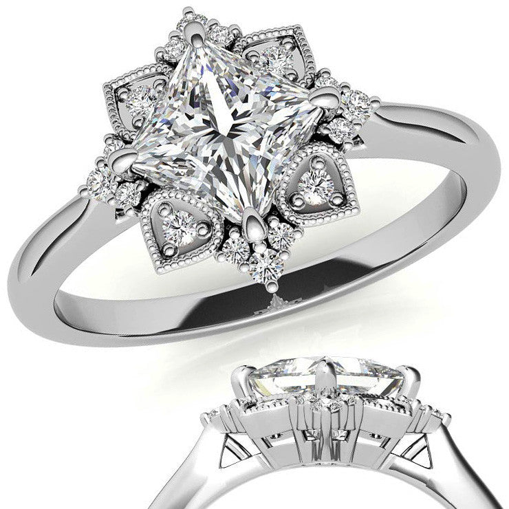 Kite-Set Princess Antique Halo Moissanite Engagement Ring