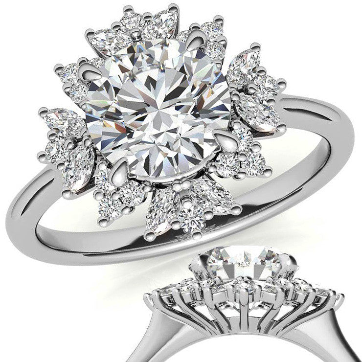 Round and Marquise Halo Style Moissanite Engagement Ring