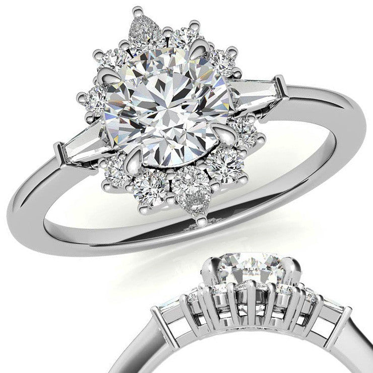 Round and Baguette Cluster Halo Moissanite Engagement Ring