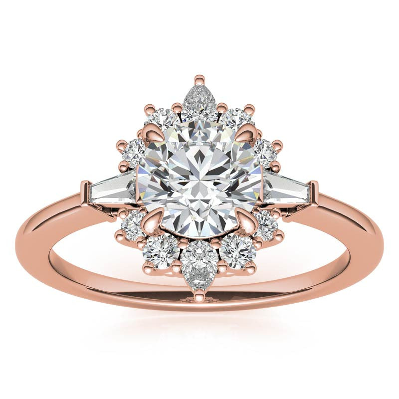 Round and Baguette Cluster Halo Moissanite Engagement Ring