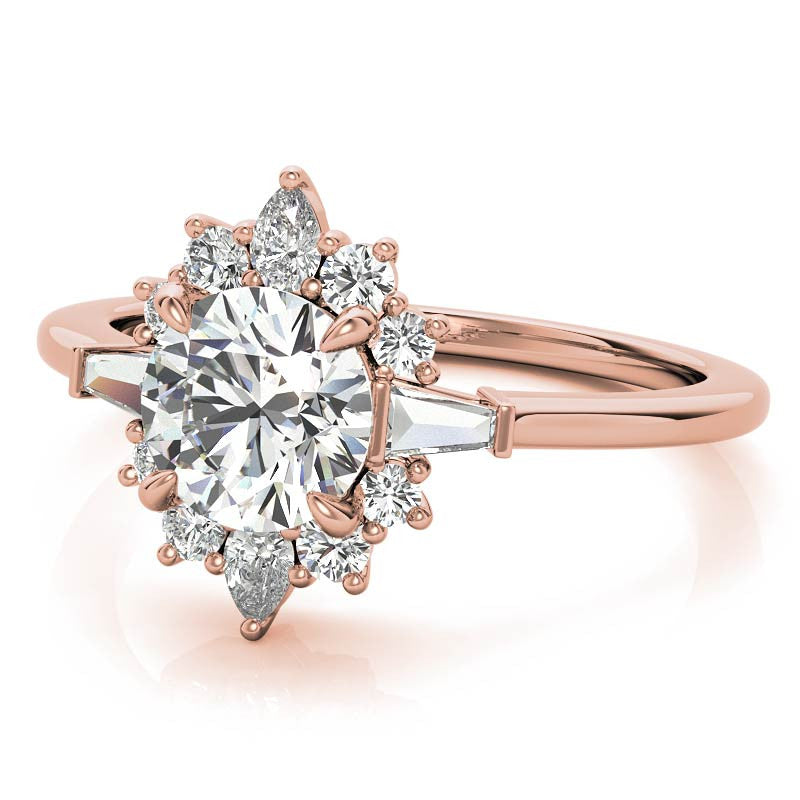 Round and Baguette Cluster Halo Moissanite Engagement Ring