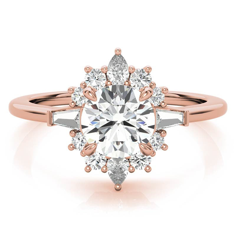 Round and Baguette Cluster Halo Moissanite Engagement Ring