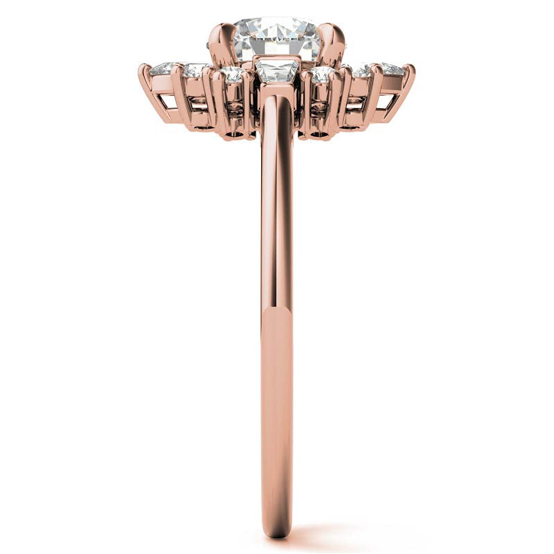 Round and Baguette Cluster Halo Moissanite Engagement Ring