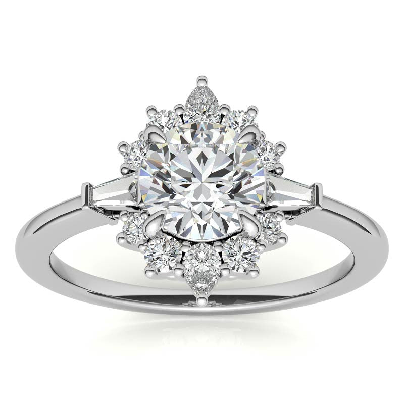 Round and Baguette Cluster Halo Moissanite Engagement Ring