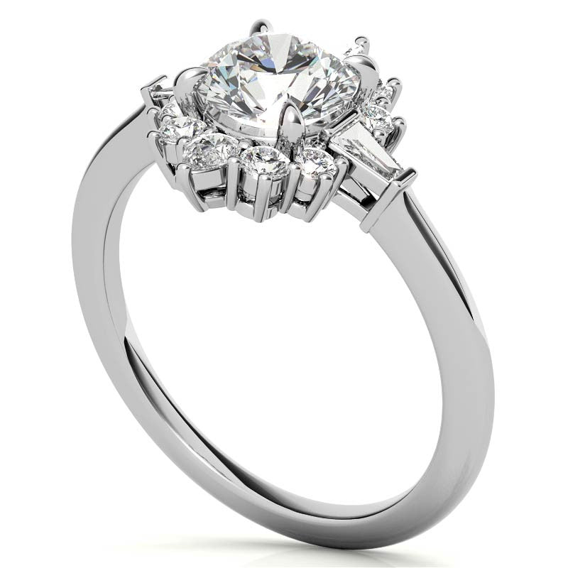 Round and Baguette Cluster Halo Moissanite Engagement Ring