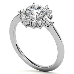 Round and Baguette Cluster Halo Moissanite Engagement Ring