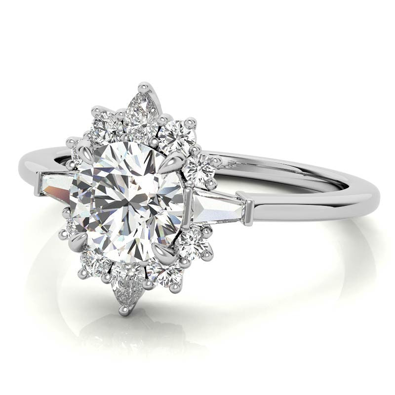 Round and Baguette Cluster Halo Moissanite Engagement Ring