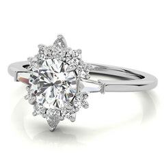 Round and Baguette Cluster Halo Moissanite Engagement Ring