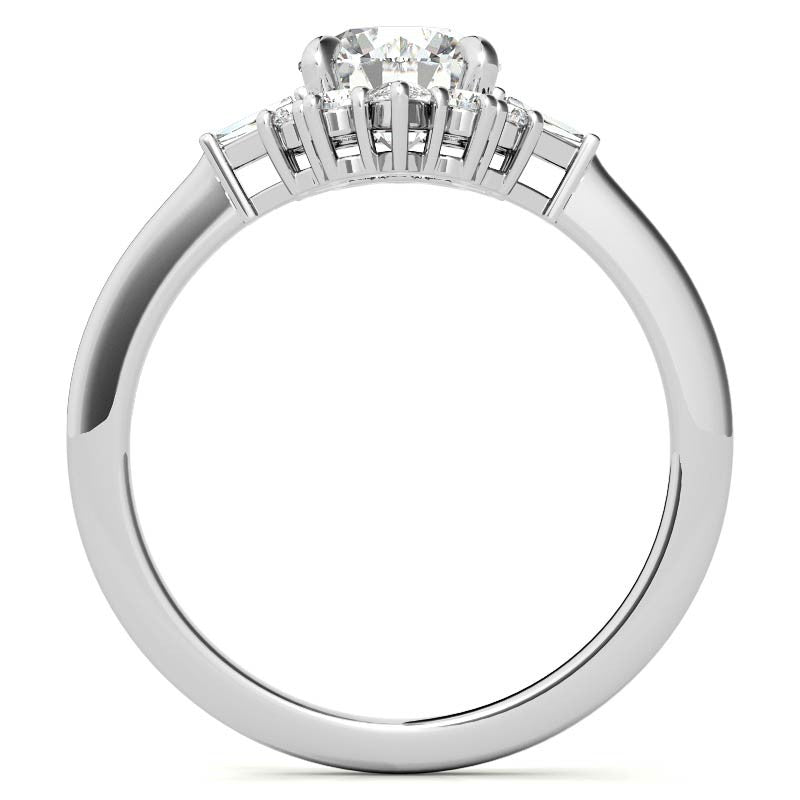 Round and Baguette Cluster Halo Moissanite Engagement Ring