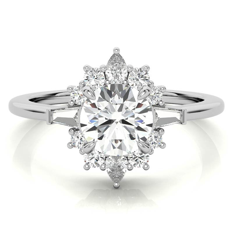 Round and Baguette Cluster Halo Moissanite Engagement Ring