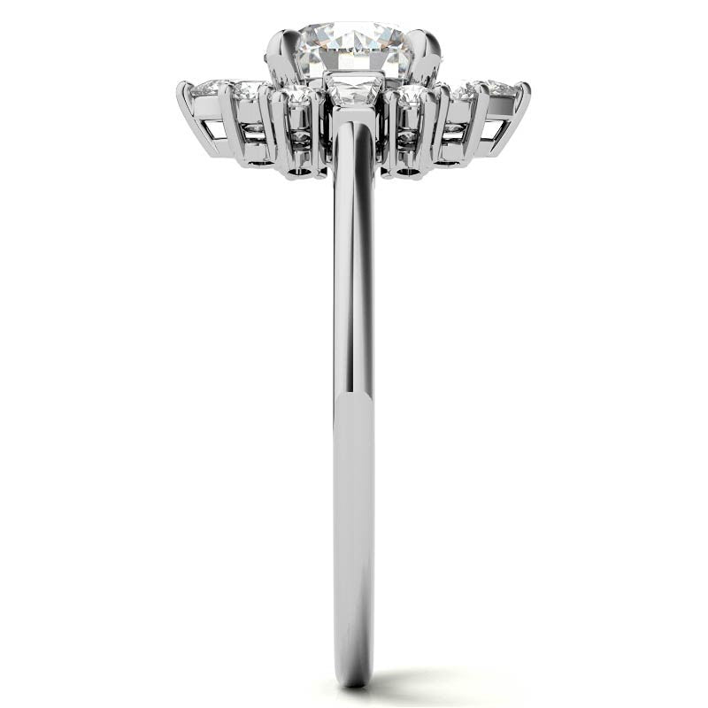 Round and Baguette Cluster Halo Moissanite Engagement Ring