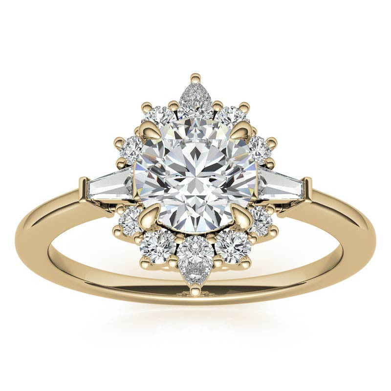 Round and Baguette Cluster Halo Moissanite Engagement Ring
