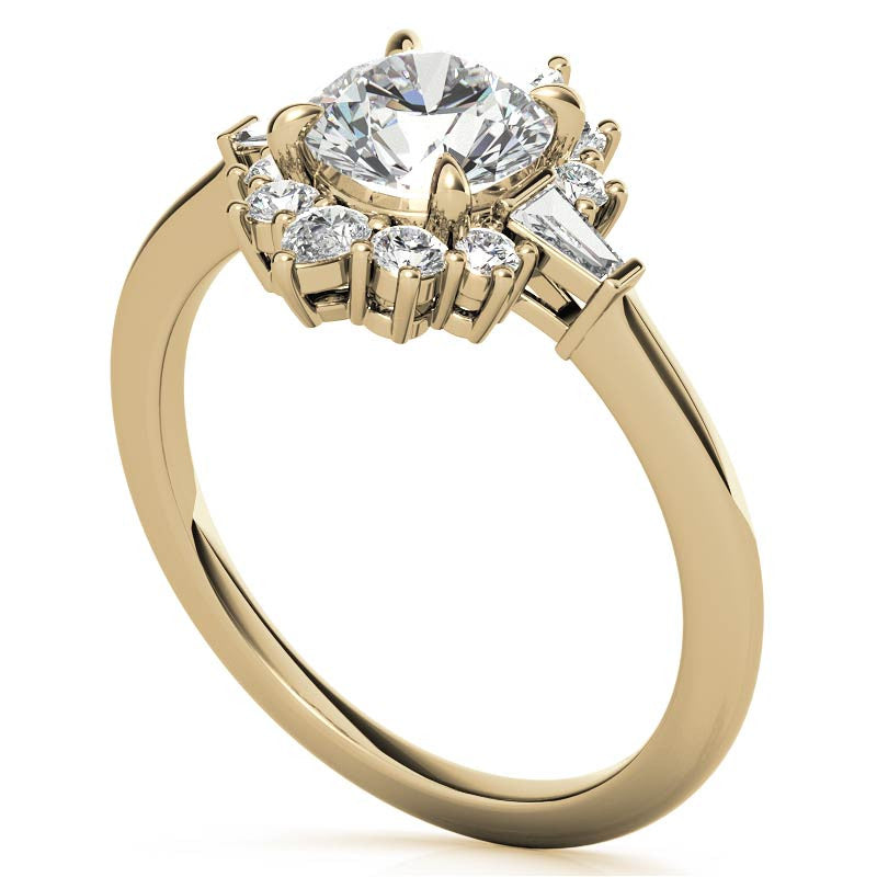 Round and Baguette Cluster Halo Moissanite Engagement Ring