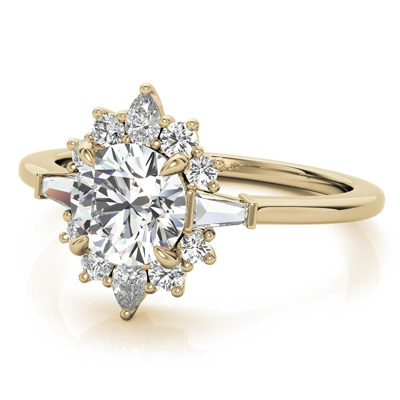 Round and Baguette Cluster Halo Moissanite Engagement Ring