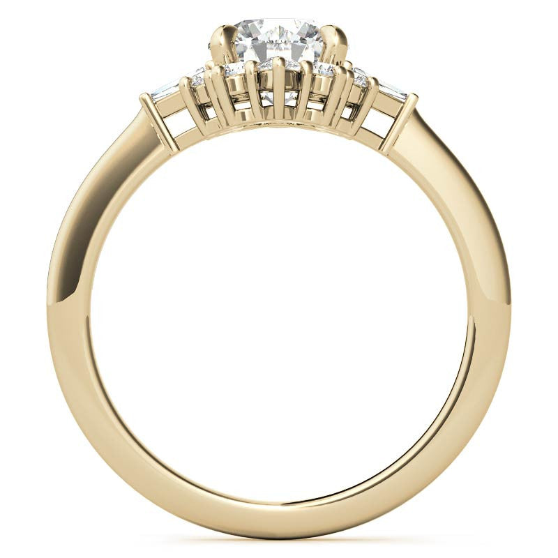 Round and Baguette Cluster Halo Moissanite Engagement Ring