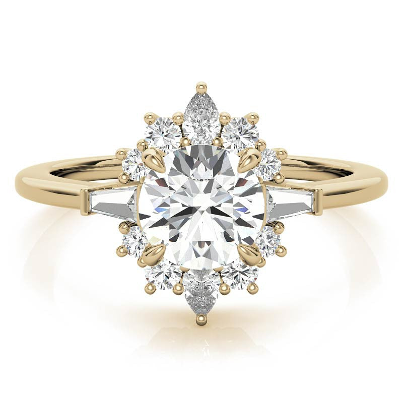 Round and Baguette Cluster Halo Moissanite Engagement Ring