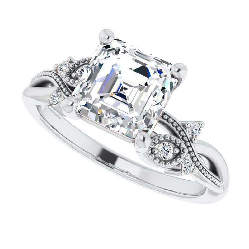 Asscher Floral Inspired Infinity Moissanite Engagement Ring with Milgrain