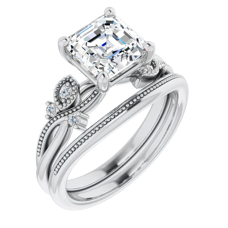Asscher Floral Inspired Infinity Moissanite Engagement Ring with Milgrain