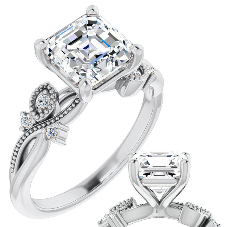 Asscher Floral Inspired Infinity Moissanite Engagement Ring with Milgrain