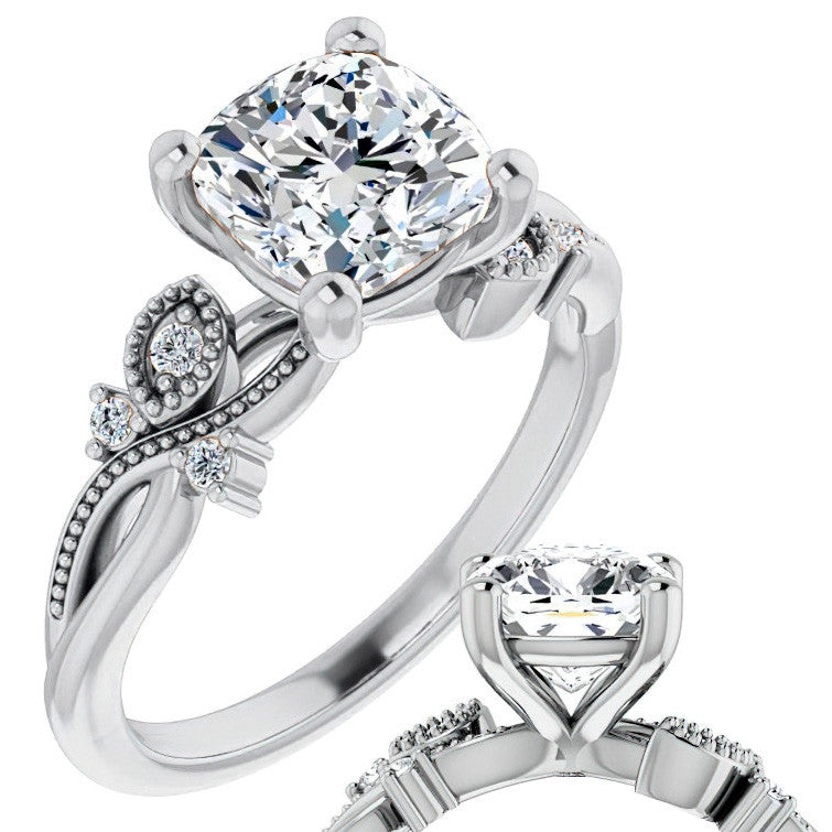 Cushion Floral Inspired Infinity Moissanite Engagement Ring with Milgrain
