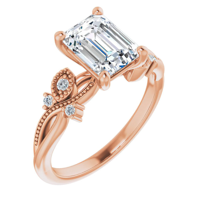 Emerald / Radiant Floral Inspired Infinity Moissanite Engagement Ring with Milgrain