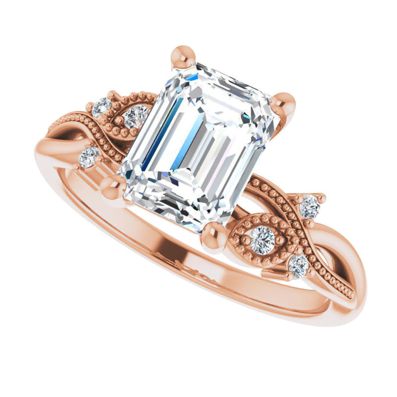 Emerald / Radiant Floral Inspired Infinity Moissanite Engagement Ring with Milgrain