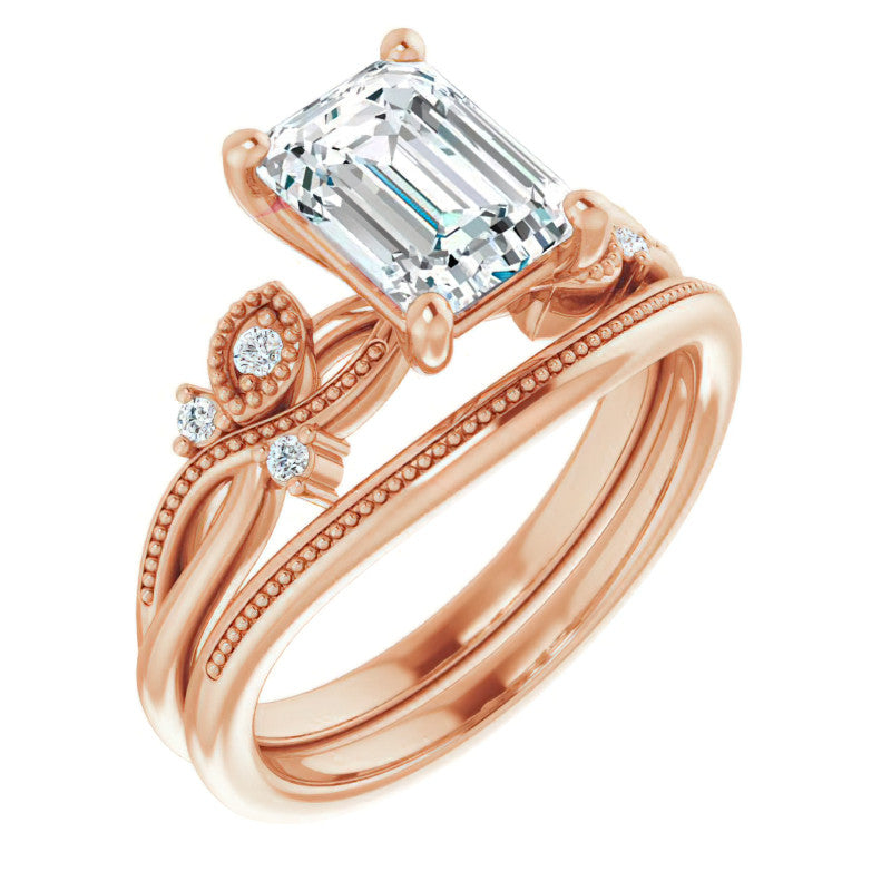 Emerald / Radiant Floral Inspired Infinity Moissanite Engagement Ring with Milgrain