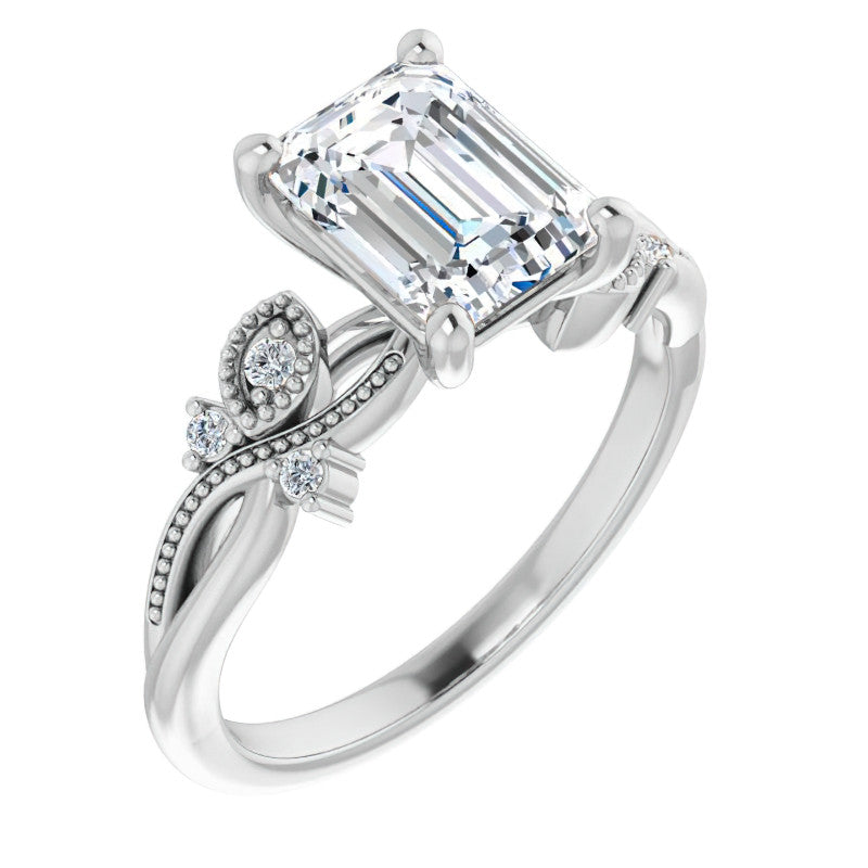 Emerald / Radiant Floral Inspired Infinity Moissanite Engagement Ring with Milgrain