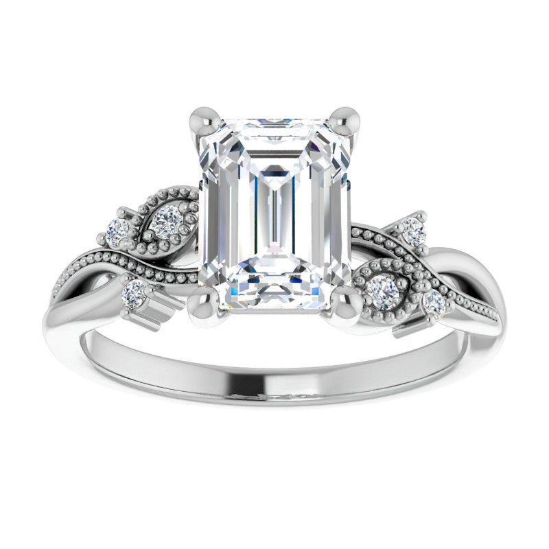 Emerald / Radiant Floral Inspired Infinity Moissanite Engagement Ring with Milgrain
