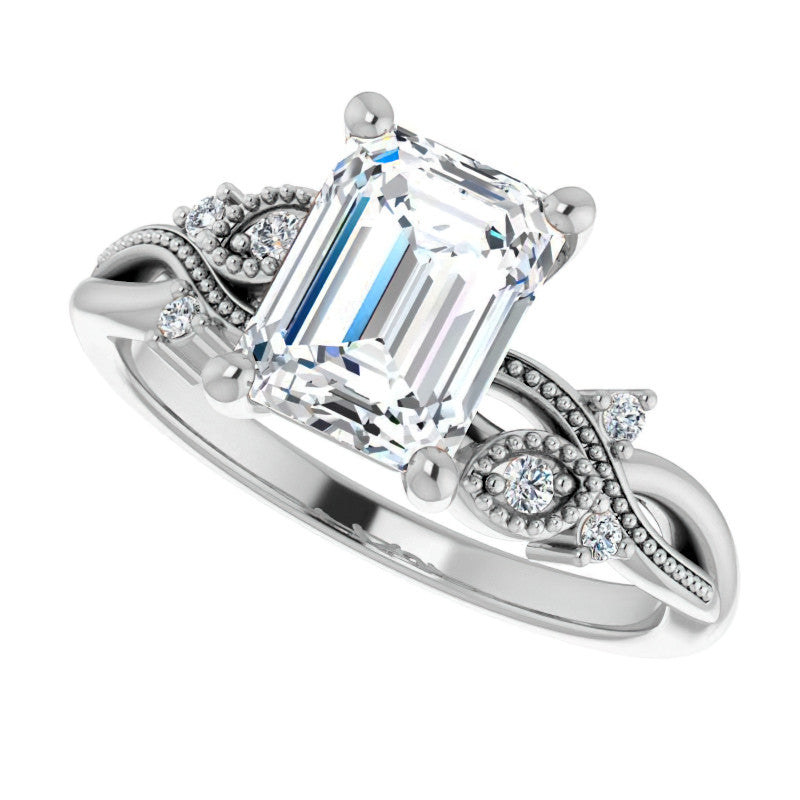 Emerald / Radiant Floral Inspired Infinity Moissanite Engagement Ring with Milgrain