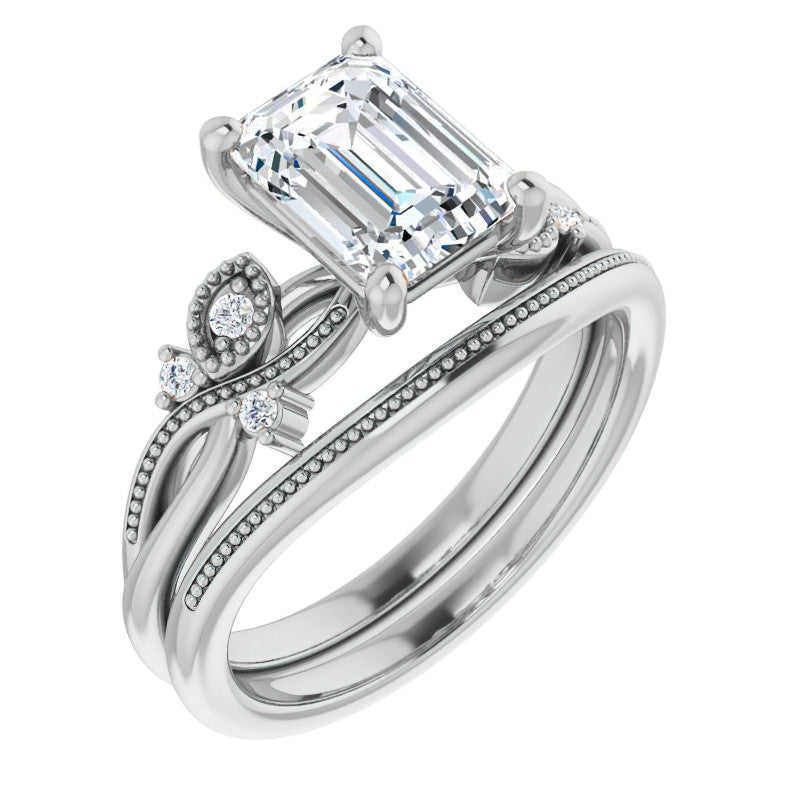 Emerald / Radiant Floral Inspired Infinity Moissanite Engagement Ring with Milgrain