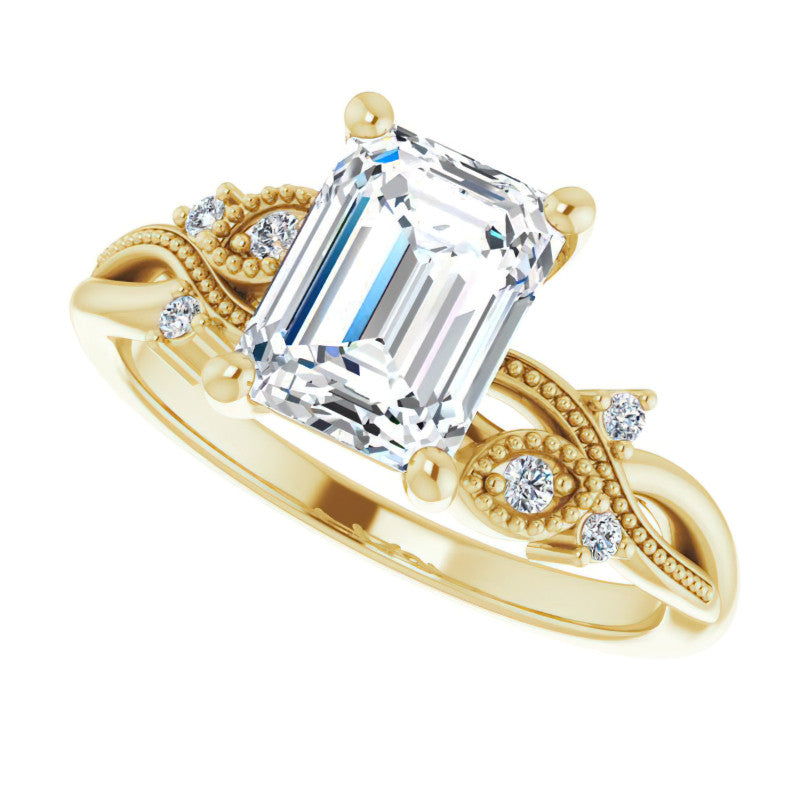 Emerald / Radiant Floral Inspired Infinity Moissanite Engagement Ring with Milgrain