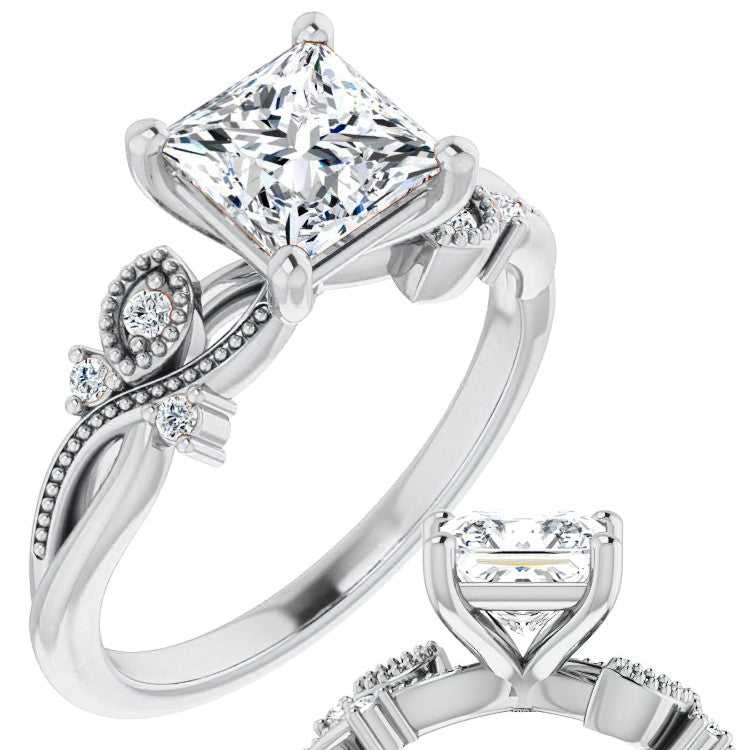 Princess Floral Inspired Infinity Moissanite Engagement Ring with Milgrain