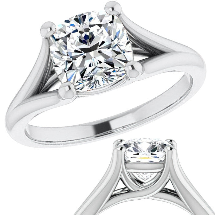 Split Shank Cathedral Cushion Moissanite Solitaire Ring