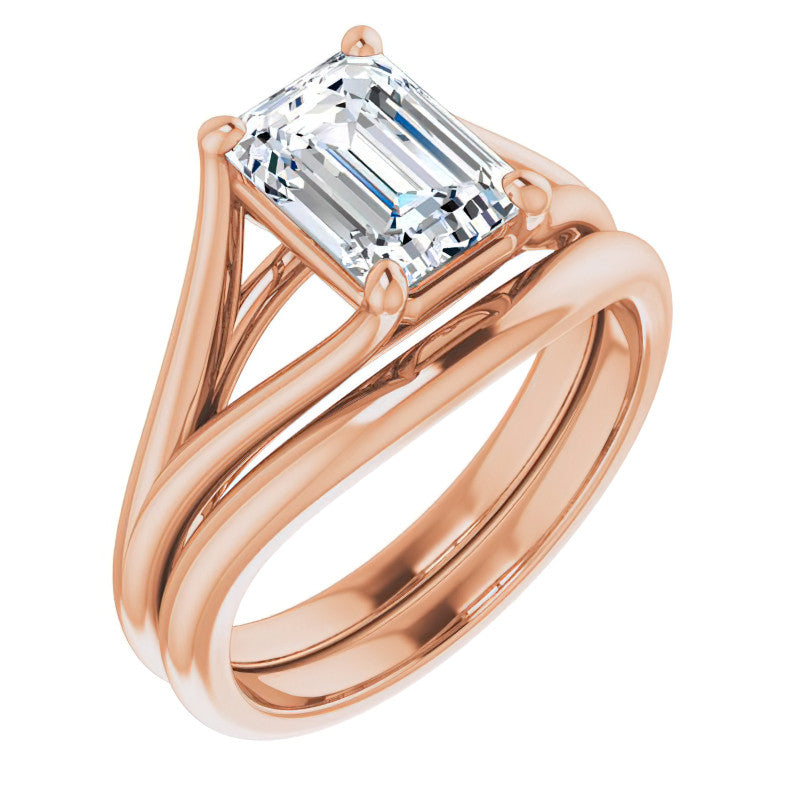 Split Shank Cathedral Emerald / Radiant Moissanite Solitaire Ring