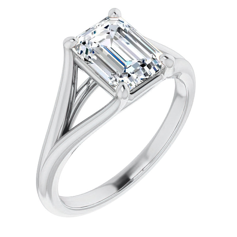 Split Shank Cathedral Emerald / Radiant Moissanite Solitaire Ring