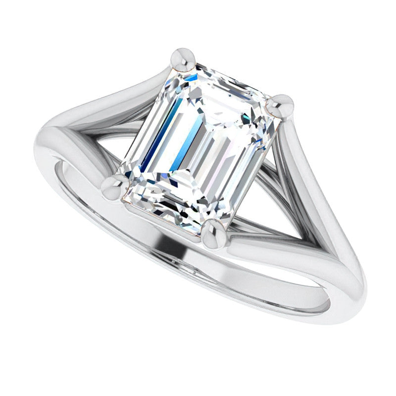 Split Shank Cathedral Emerald / Radiant Moissanite Solitaire Ring