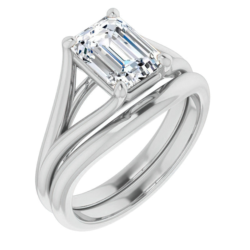 Split Shank Cathedral Emerald / Radiant Moissanite Solitaire Ring