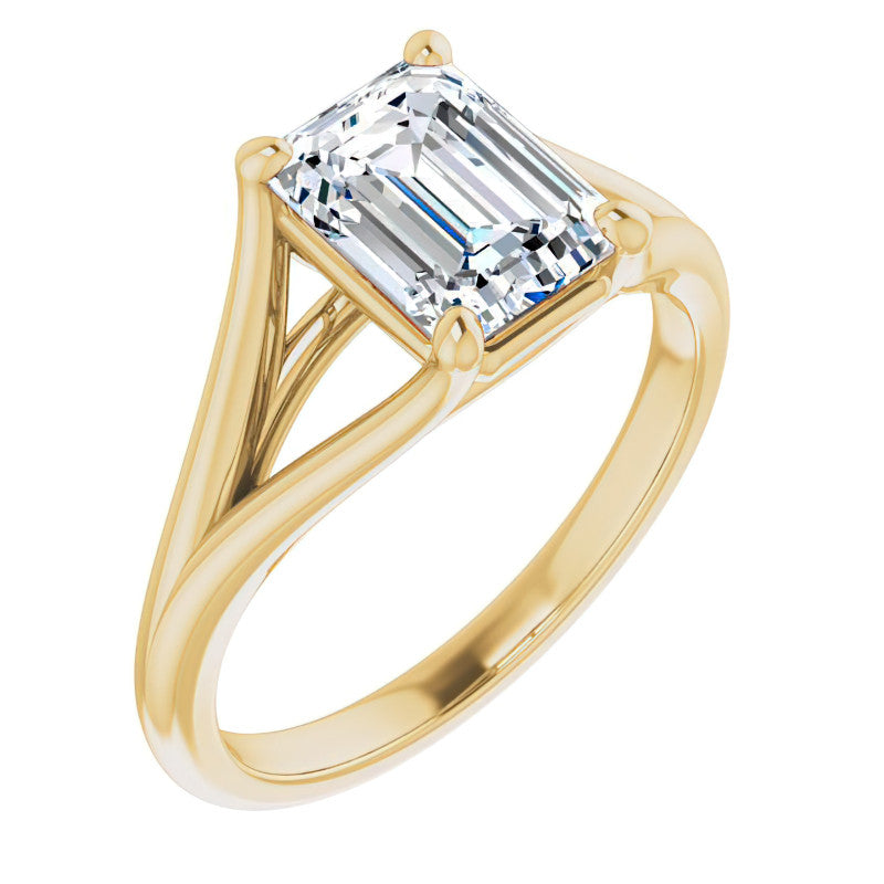 Split Shank Cathedral Emerald / Radiant Moissanite Solitaire Ring