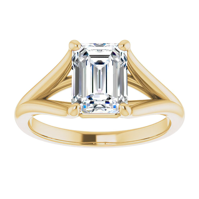 Split Shank Cathedral Emerald / Radiant Moissanite Solitaire Ring