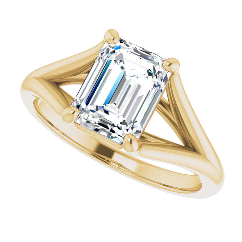Split Shank Cathedral Emerald / Radiant Moissanite Solitaire Ring