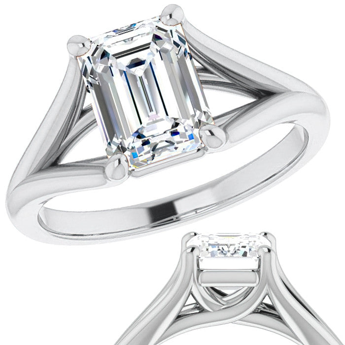 Split Shank Cathedral Emerald / Radiant Moissanite Solitaire Ring