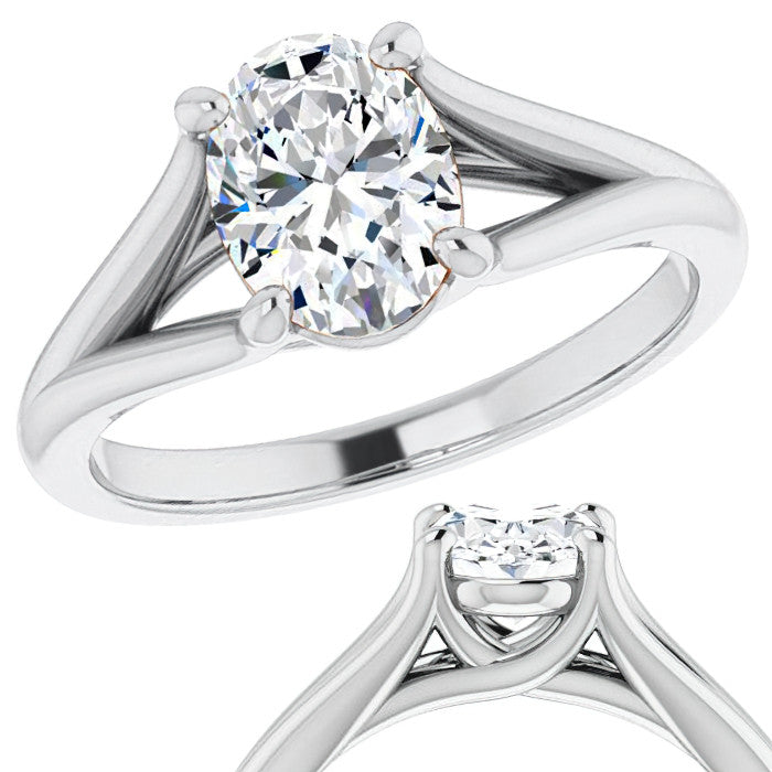 Split Shank Cathedral Oval Moissanite Solitaire Ring