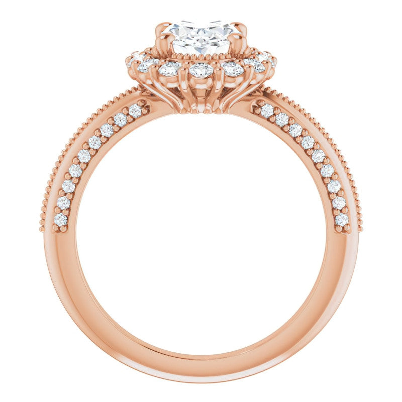 Antique Style Oval Halo Moissanite Engagement Ring with Milgrain