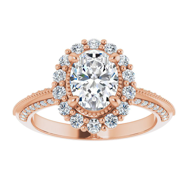 Antique Style Oval Halo Moissanite Engagement Ring with Milgrain