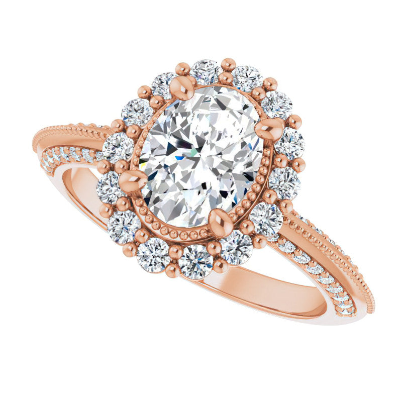 Antique Style Oval Halo Moissanite Engagement Ring with Milgrain