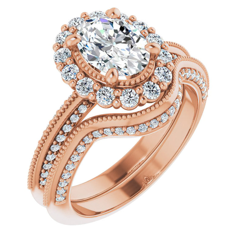 Antique Style Oval Halo Moissanite Engagement Ring with Milgrain