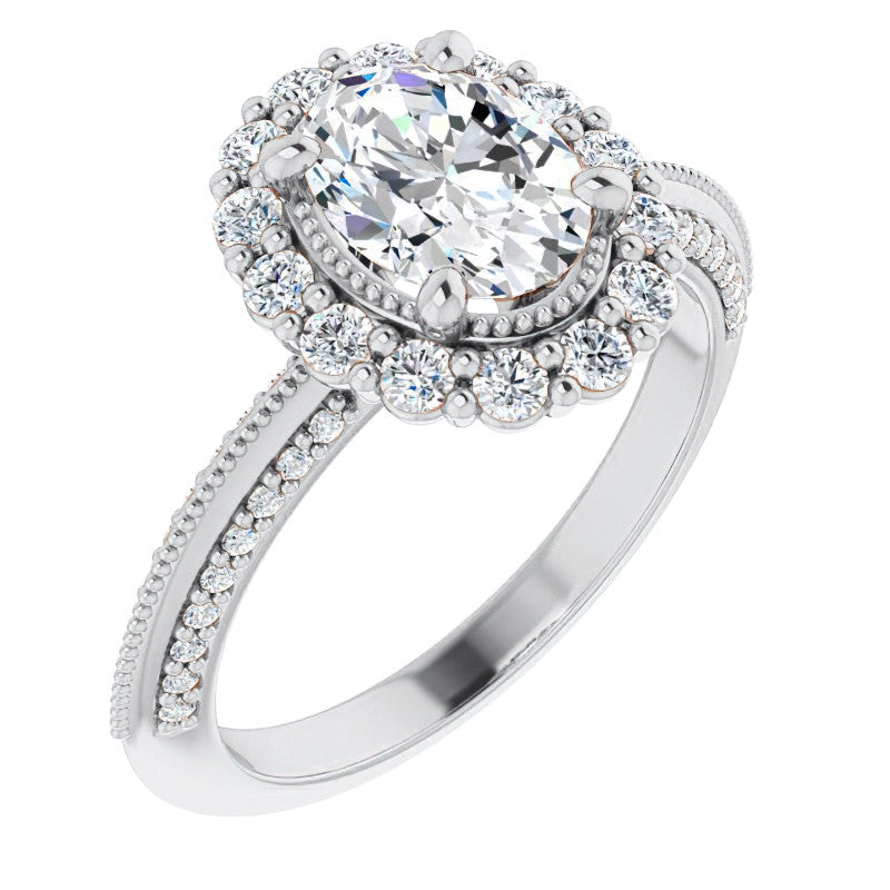 Antique Style Oval Halo Moissanite Engagement Ring with Milgrain