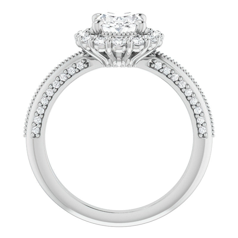 Antique Style Oval Halo Moissanite Engagement Ring with Milgrain