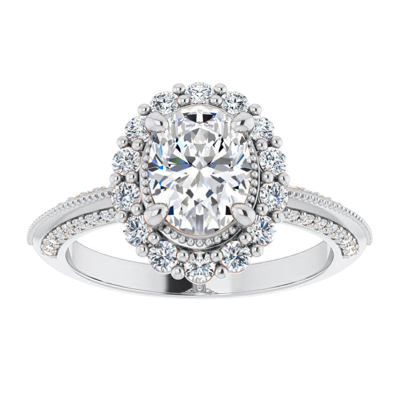 Antique Style Oval Halo Moissanite Engagement Ring with Milgrain